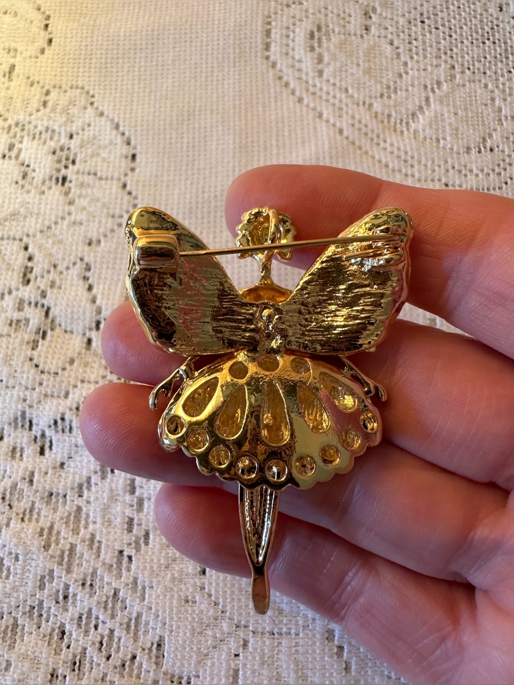 Gold Fairy Brooch/Pendent with Black Skirt and Multicolor Crystals. Moving legs. - Picture 4 of 5